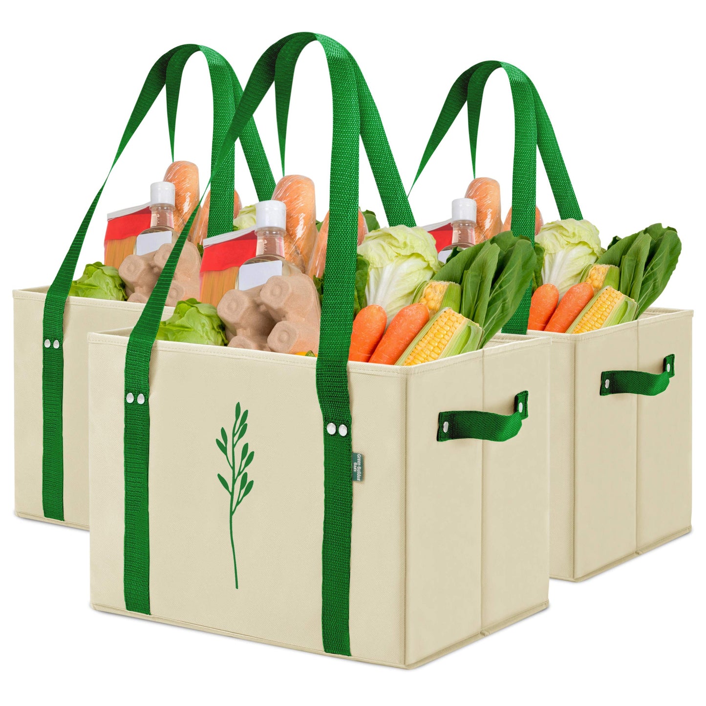Green Bulldog Reusable Grocery Bags - Heavy Duty Reusable Shopping Tote Bags W/Long Handles, Foldable & Collapsible, Holds Up to 65 lbs - for Kitchen, Picnic 3 Pack