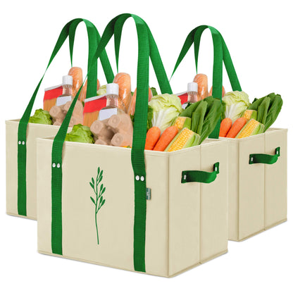 Green Bulldog Reusable Grocery Bags - Heavy Duty Reusable Shopping Tote Bags W/Long Handles, Foldable & Collapsible, Holds Up to 65 lbs - for Kitchen, Picnic 3 Pack