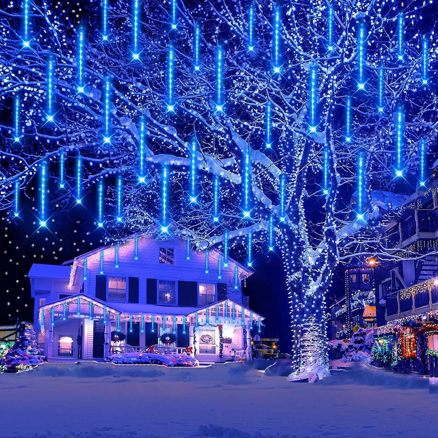 Kwaiffeo Christmas Lights Outdoor, 8 Tubes Meteor Shower Lights LED Snow Falling Icicle Cascading Light for Xmas Tree Wedding Decoration Party, UL Plug, White
