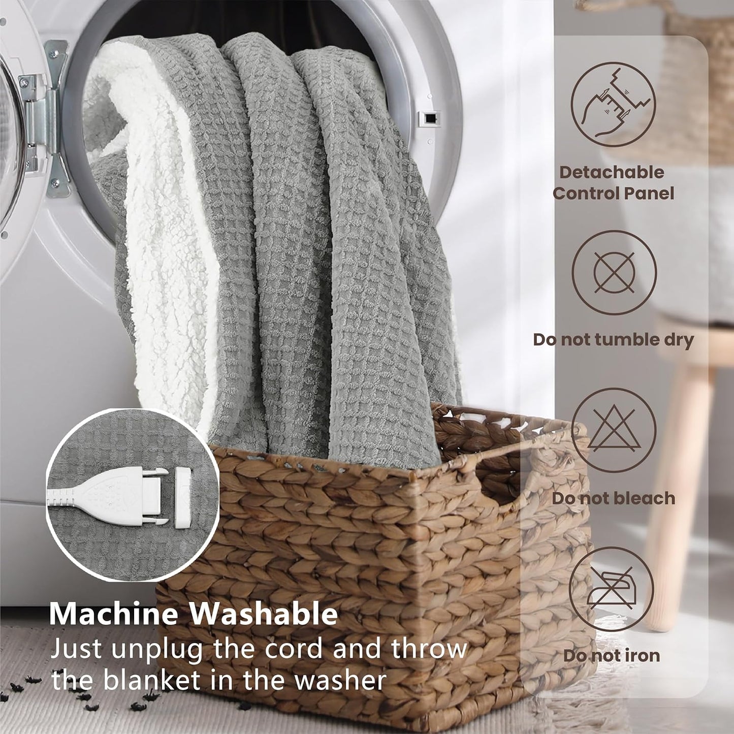 Heated Blanket Electric Throw Waffle, 50x60 Inches Sherpa Fleece Fast Heating Blanket 6 Heating Levels & 4 Hours Auto Off ETL Certification, Grey Throw