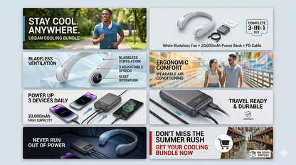 3in1 Summer Kit Portable Neck Fan 20000mAh Power Bank USB-C Cable