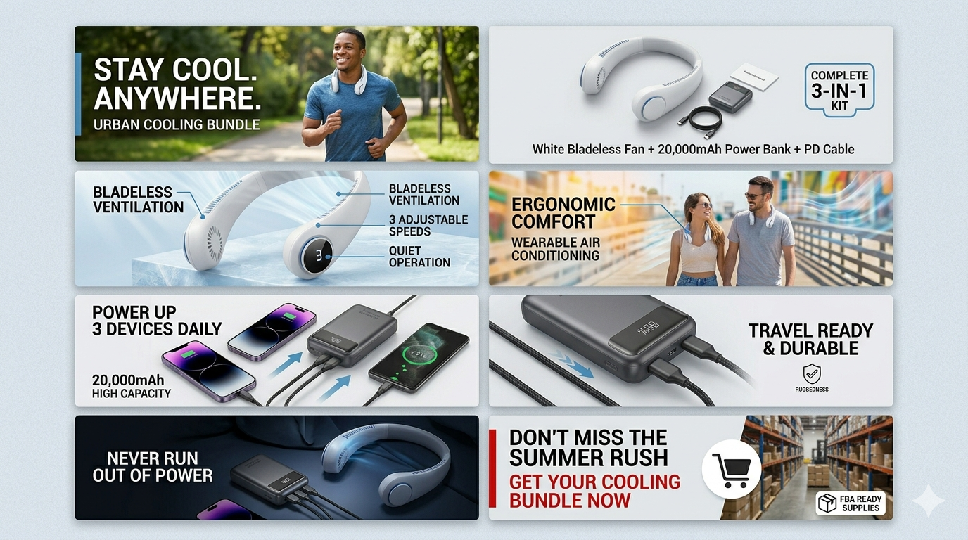 3in1 Summer Kit Portable Neck Fan 20000mAh Power Bank USB-C Cable