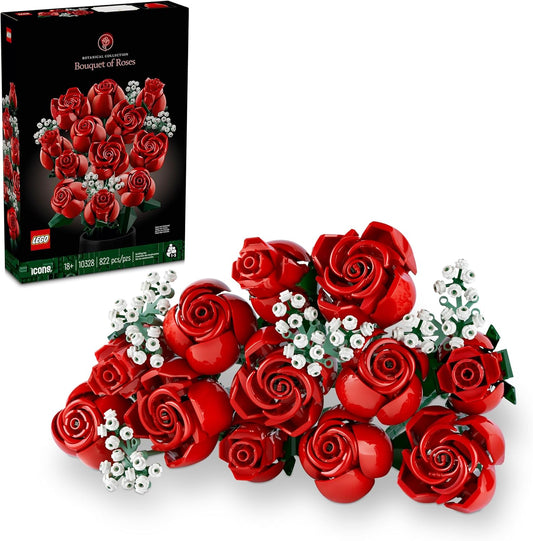 LEGO Botanicals Bouquet of Roses Artificial Flowers - Fake Red Roses Building Set for Adults, Ages 18+ - Gifts for Valentines Day for Her - Home Decor for Table Display - 10328