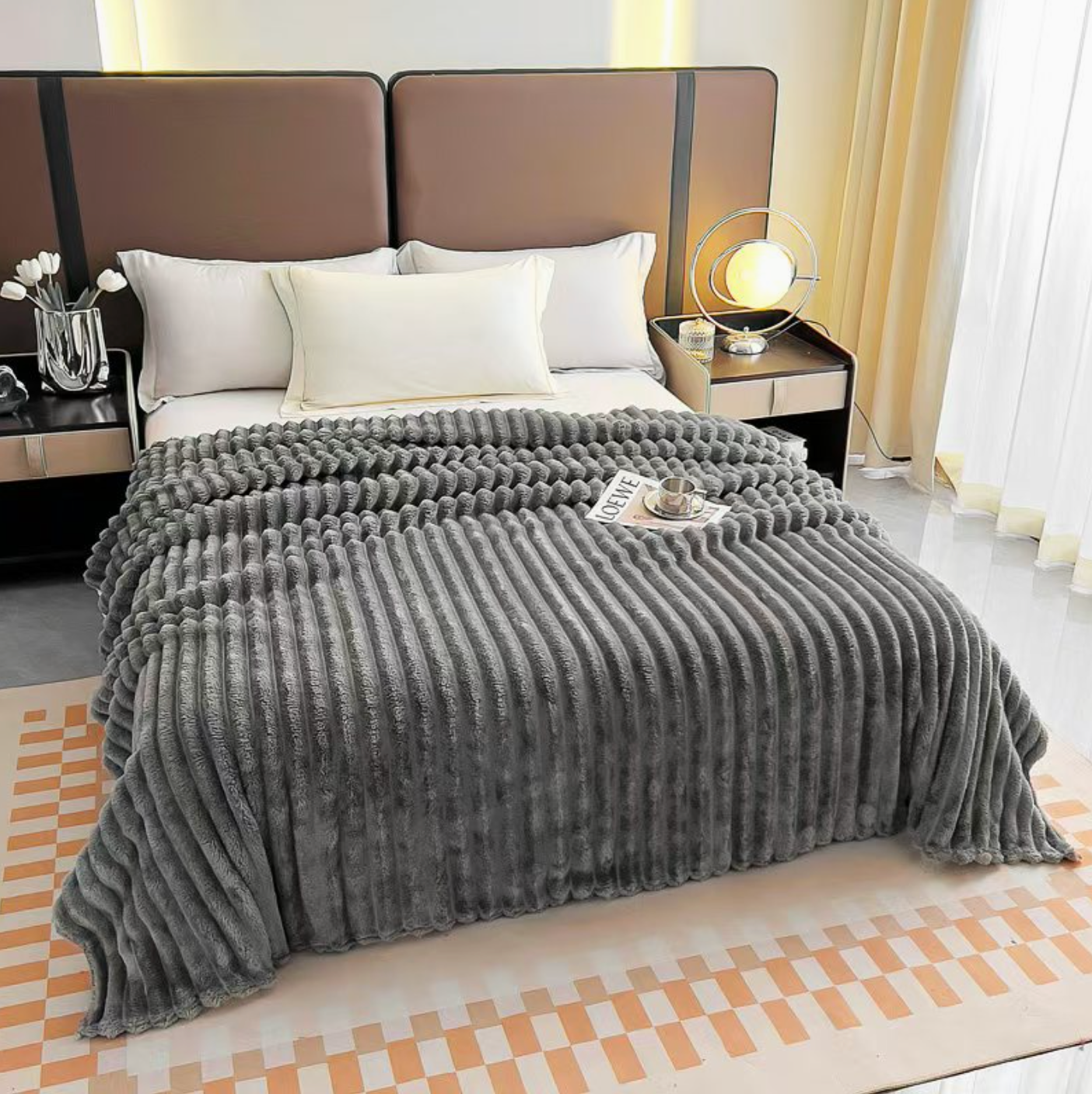 Stripe Fleece Throw – Ultra Plush Ribbed Blanket with 1.6" Wide Channel Texture