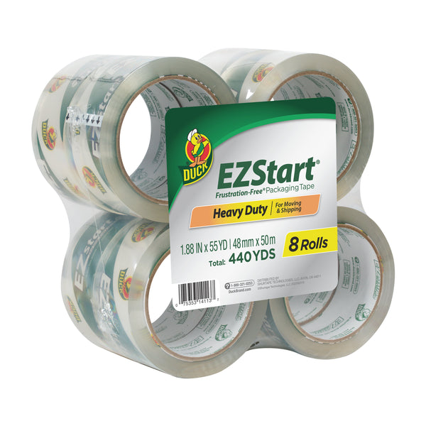 Duck EZStart heavy-duty packaging tape with 8 rolls on a white background